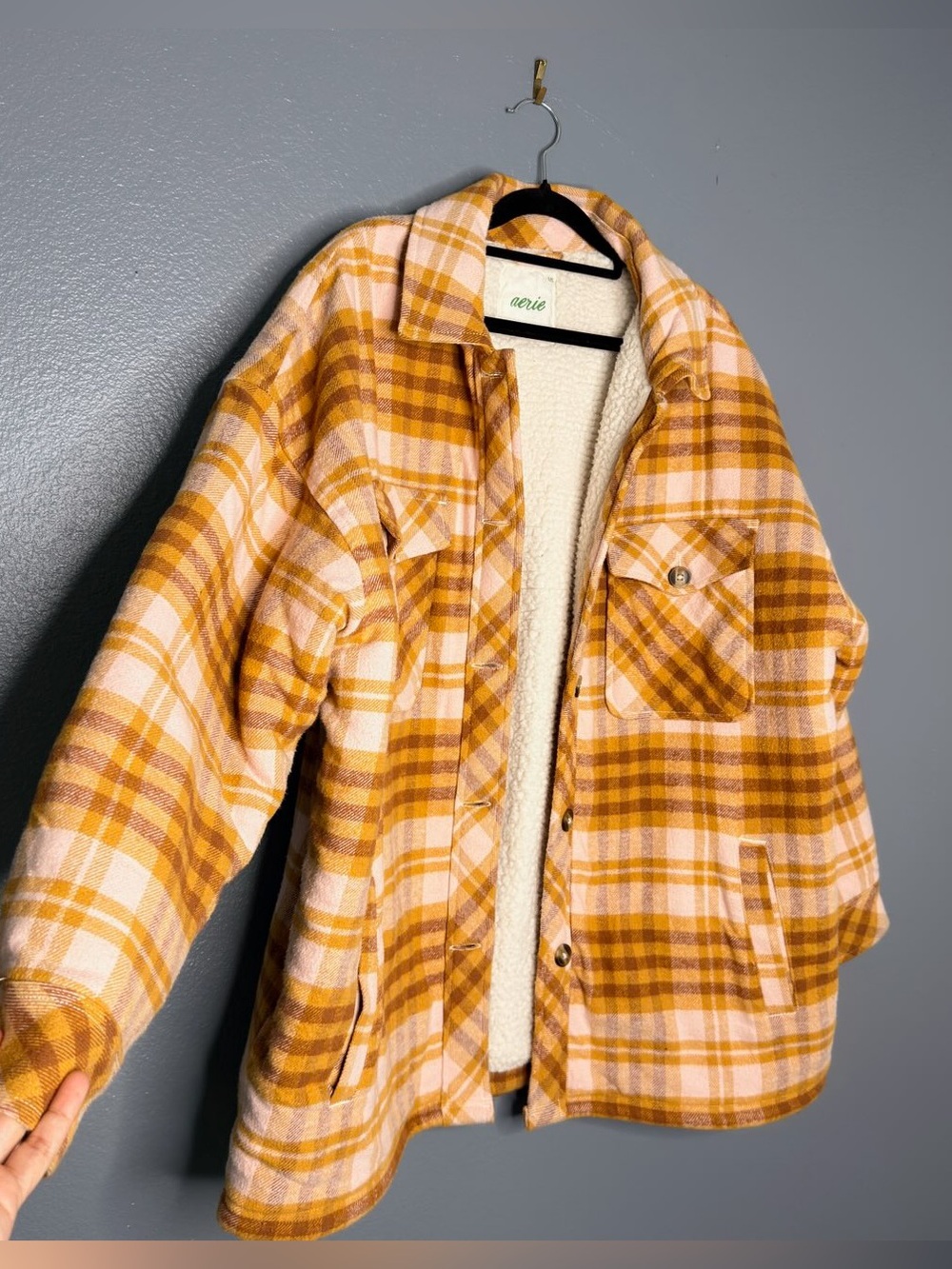 aerie Plaid Sherpa-Lined Shacket - Mustard & Light Pink Large